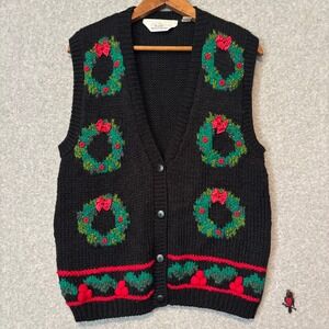 Vintage 90s Blair Boutique Womens Small Christmas Wreath Hand Knitted Vest Black